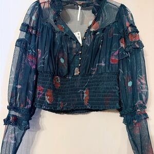 Free People Teal Floral Sheer Blouse